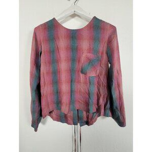 Cloth & Stone Womens Pink Teal Plaid Lace-Up Back Top Blouse Small Long Sleeve